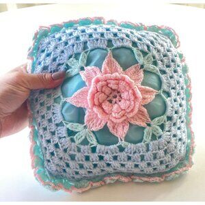 Vintage 1950s crochet cushion pillow, blue and pink crocheted roses